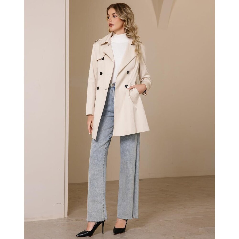 Women's Beige Trench Coat Classic Double Breasted Lapel Windbreak Midi Outerwear - Picture 3 of 6
